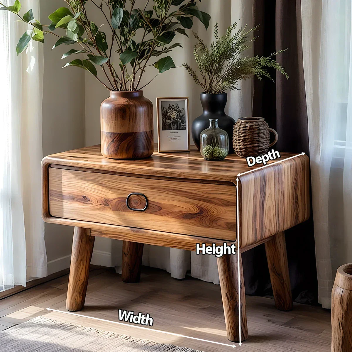 Rounded Solid Wood Nightstand – Minimalist Single-Drawer Design - Rustirawood