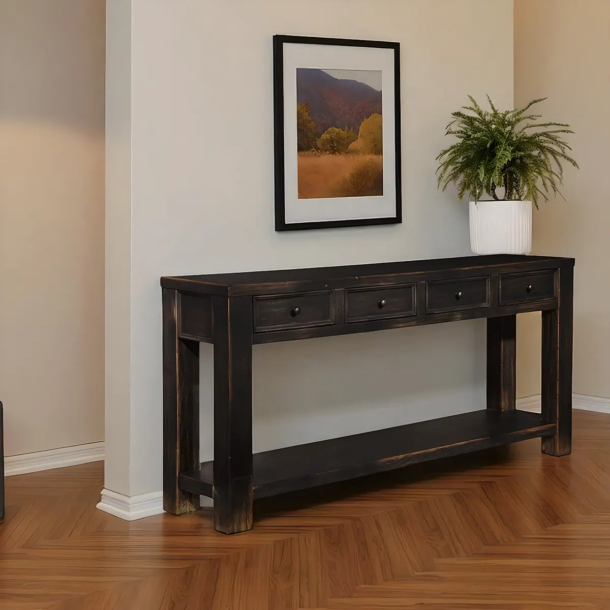 Rustic Black Wood Console Table with 4 Drawers – 64 Inch Long, Elegant and Luxurious
