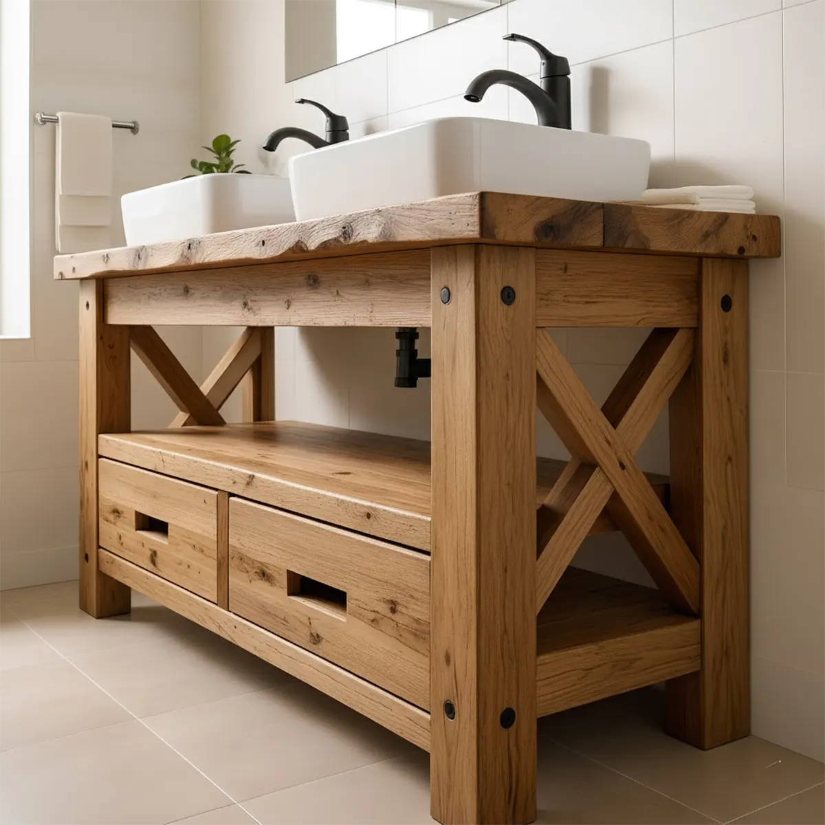 Rustic Farmhouse Solid Wood Double Sink Vanity With Drawers - Rustira