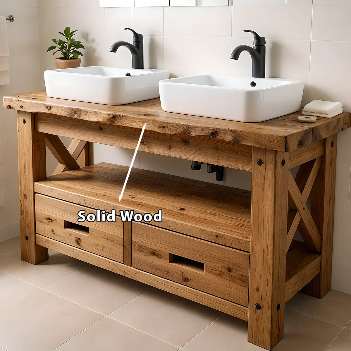 Rustic Farmhouse Solid Wood Double Sink Vanity With Drawers - Rustira