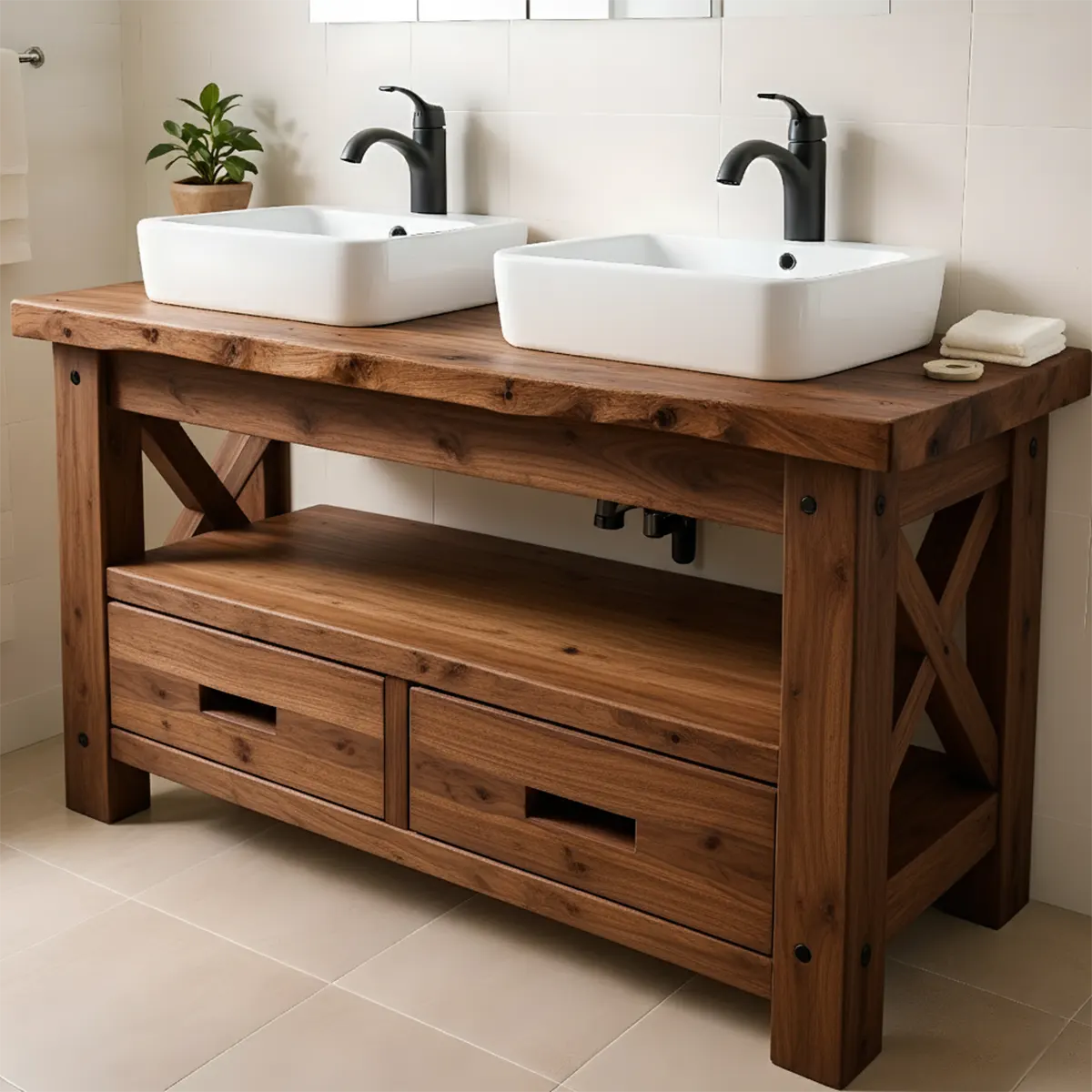 Rustic Farmhouse Solid Wood Double Sink Vanity With Drawers - Rustira