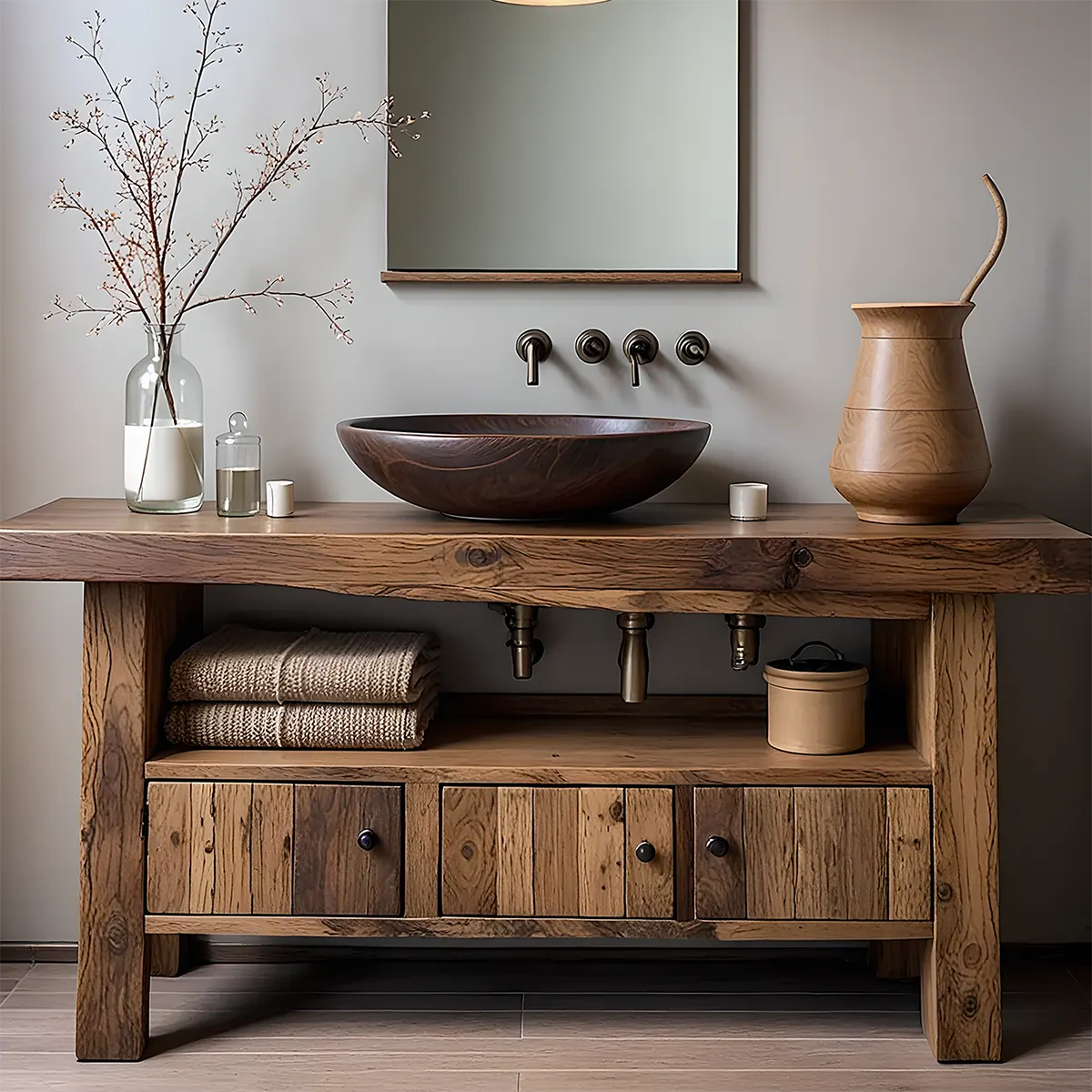 Rustic Heritage Oak Bathroom Vanity – Handcrafted Wood - Rustira