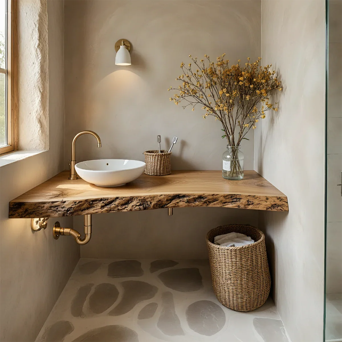 Rustic Live Edge Floating Wood Bathroom Vanity Shelf – Handcrafted - Rustira