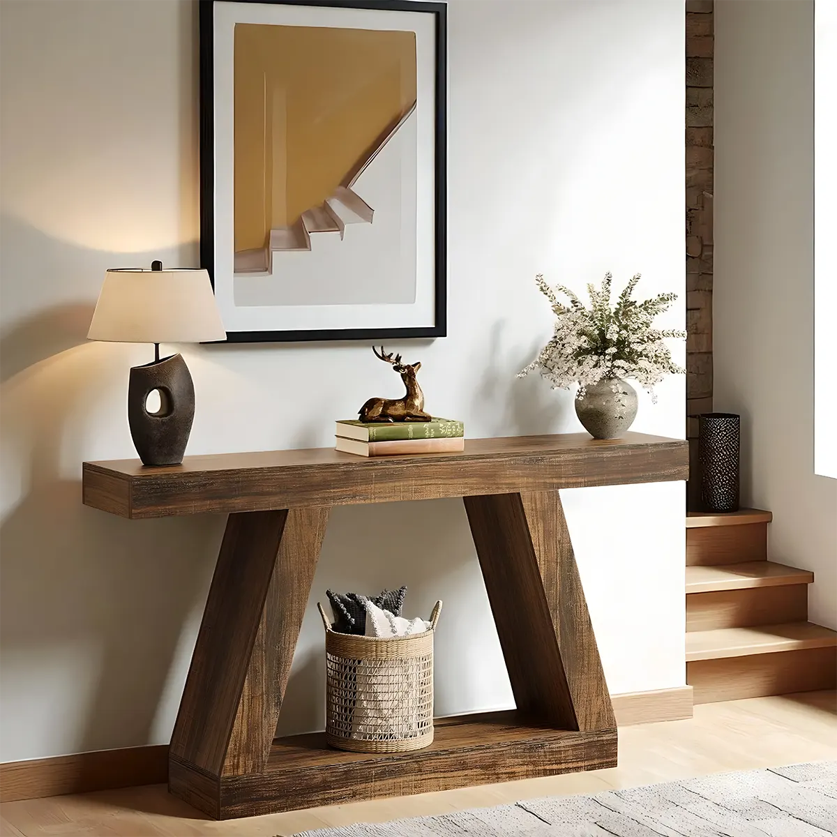 Rustic Modern V-Leg Console Table – 55" x 12" Rustic Walnut Accented with Lower Shelves