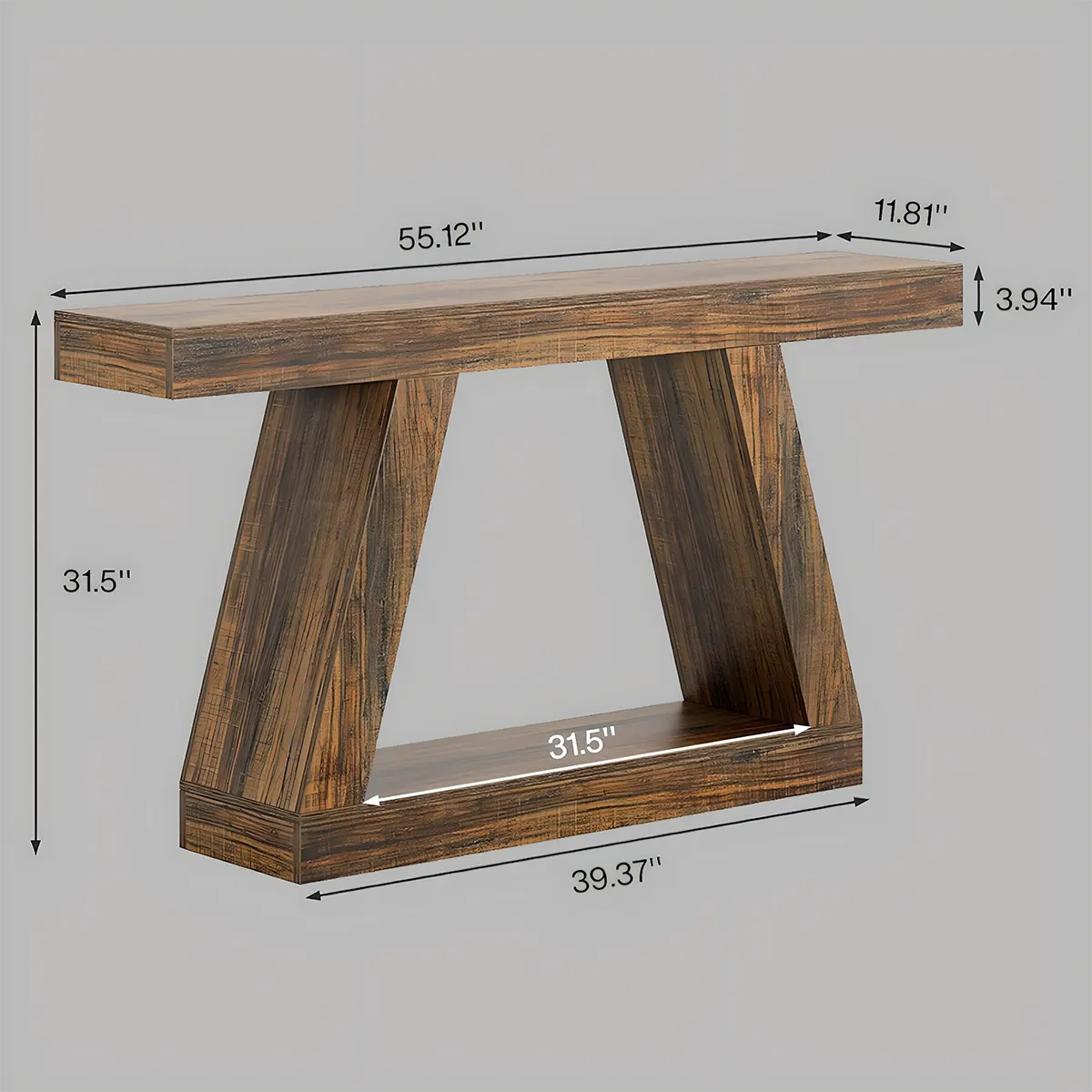 Rustic Modern V-Leg Console Table – 55" x 12" Rustic Walnut Accented with Lower Shelves