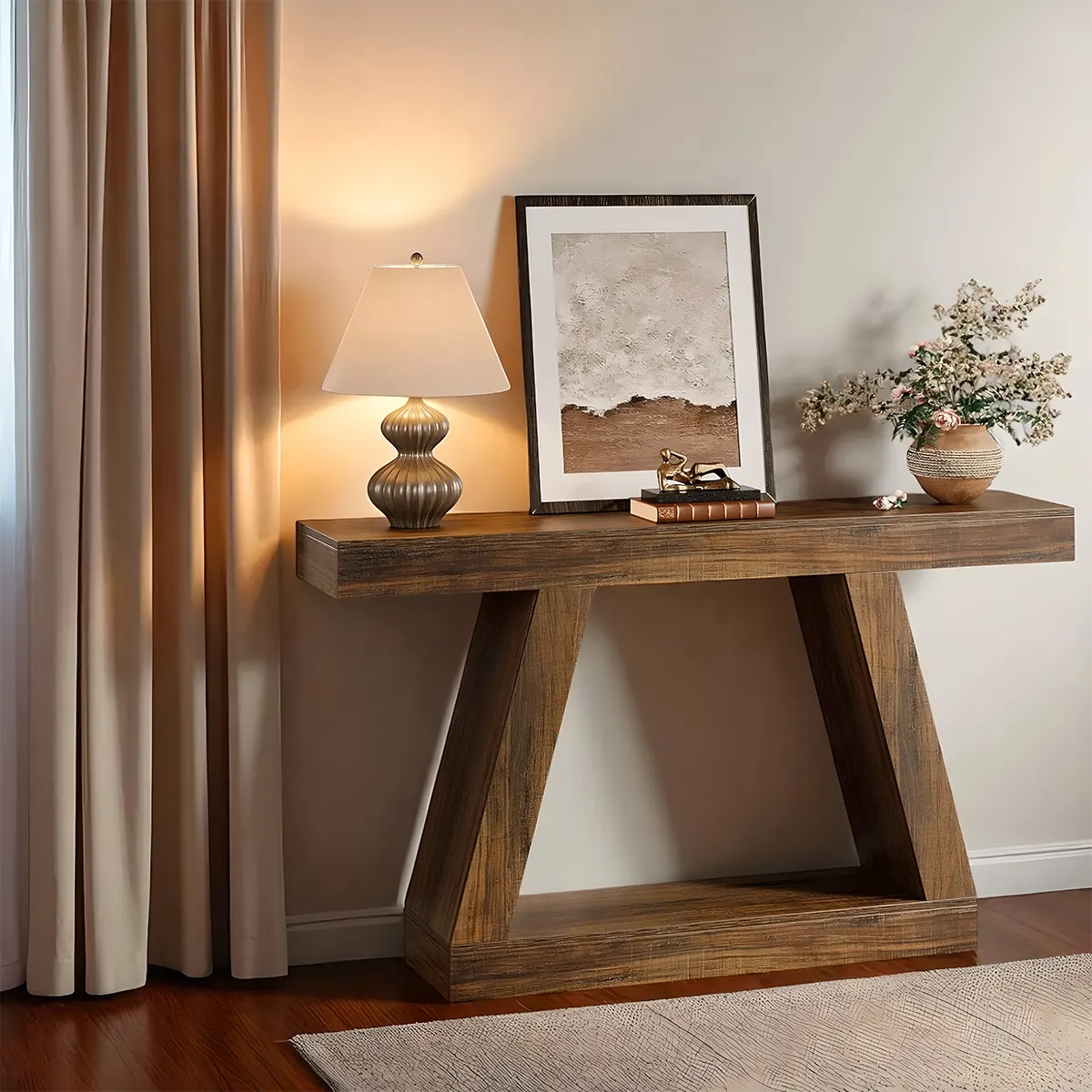 Rustic Modern V-Leg Console Table – 55" x 12" Rustic Walnut Accented with Lower Shelves
