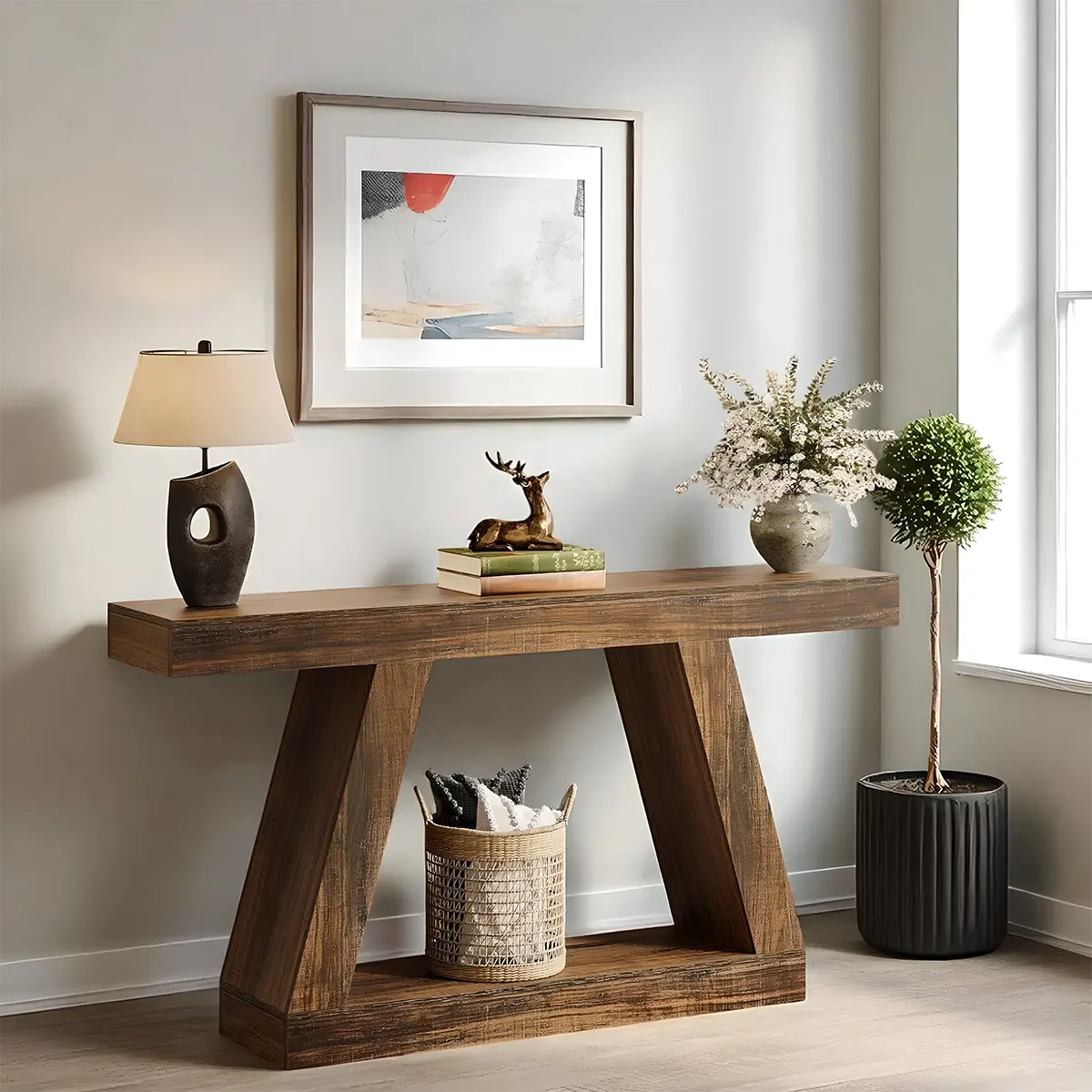 Rustic Modern V-Leg Console Table – 55" x 12" Rustic Walnut Accented with Lower Shelves