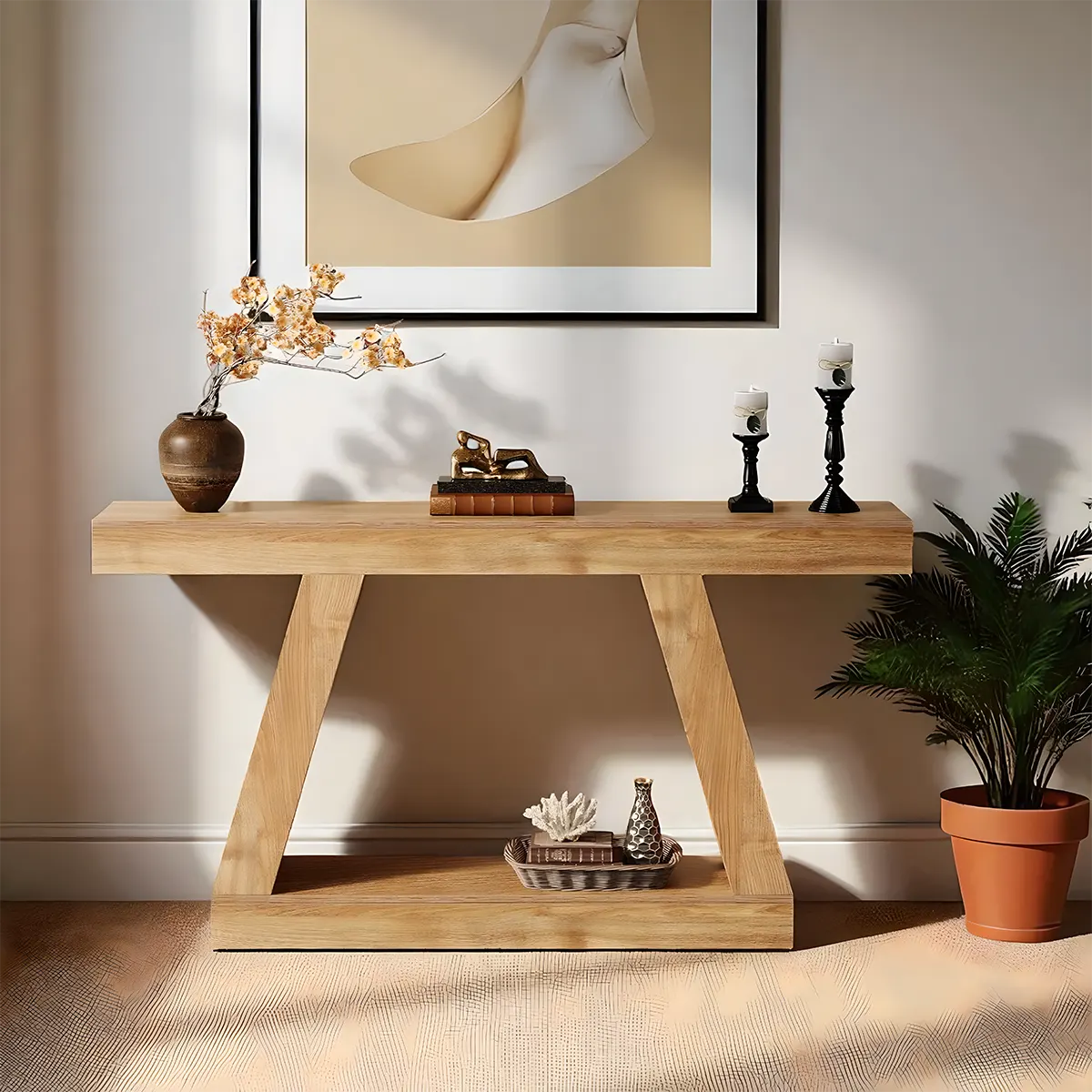 Rustic Modern V-Leg Console Table – 55" x 12" Rustic Walnut Accented with Lower Shelves