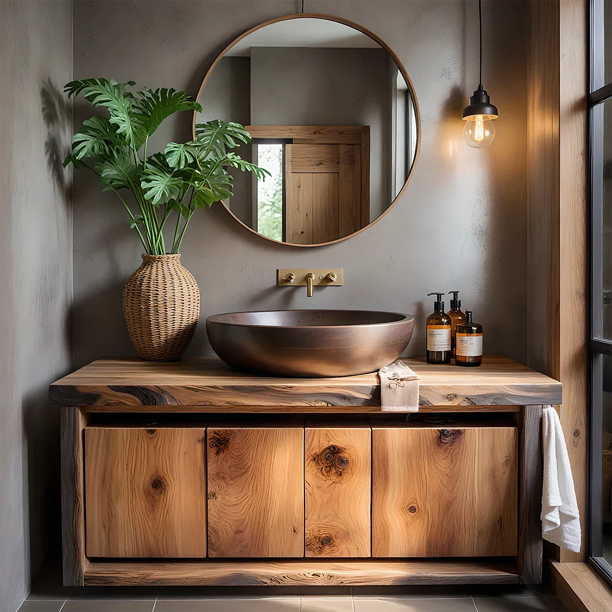 Rustic Natural Solid Wood Vanity with Bold Grain Doors - Rustira