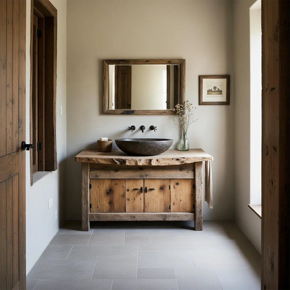 Rustic Natural Solid Wood Vanity with Live-Edge Top - Rustira