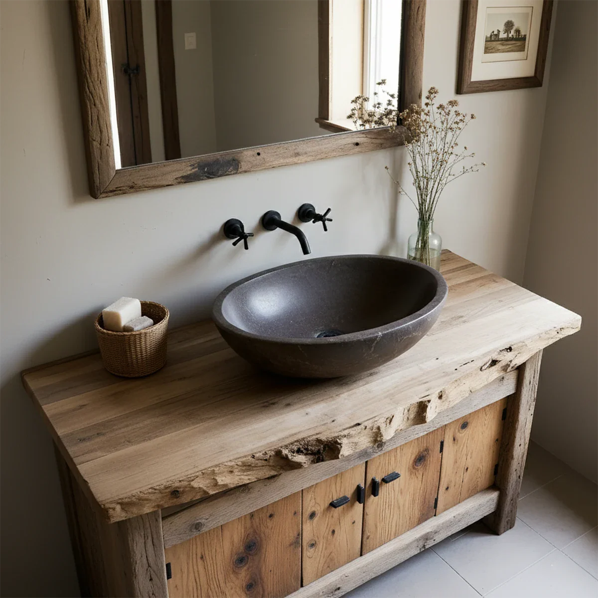 Rustic Natural Solid Wood Vanity with Live-Edge Top - Rustira