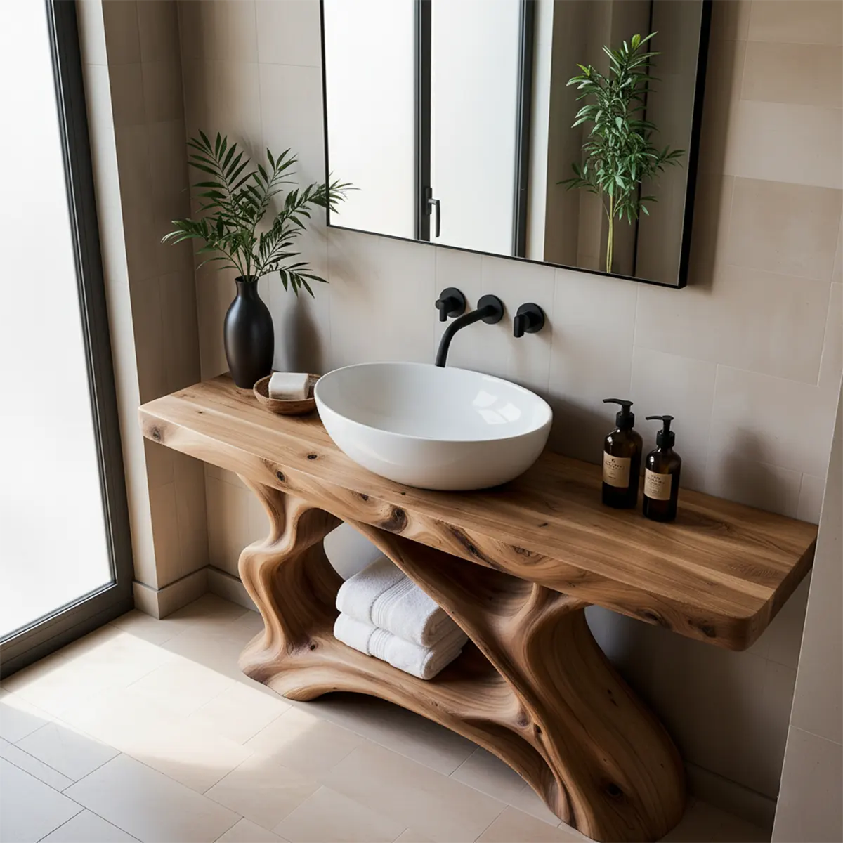 Rustic Sculpted Solid Wood Live Edge Bathroom Vanity - Rustira