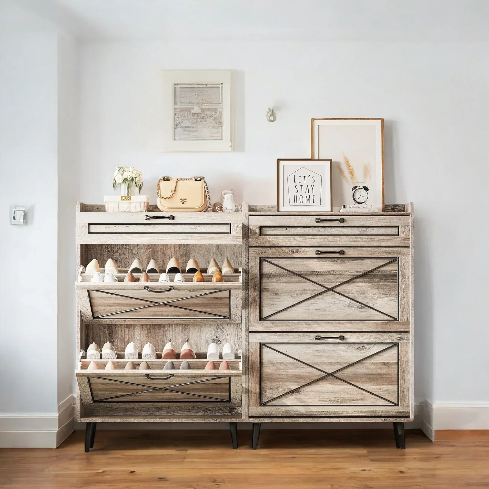 Rustic Slim Shoe Cabinet with Drawer – 3 Flip Tiers, Space-Saving