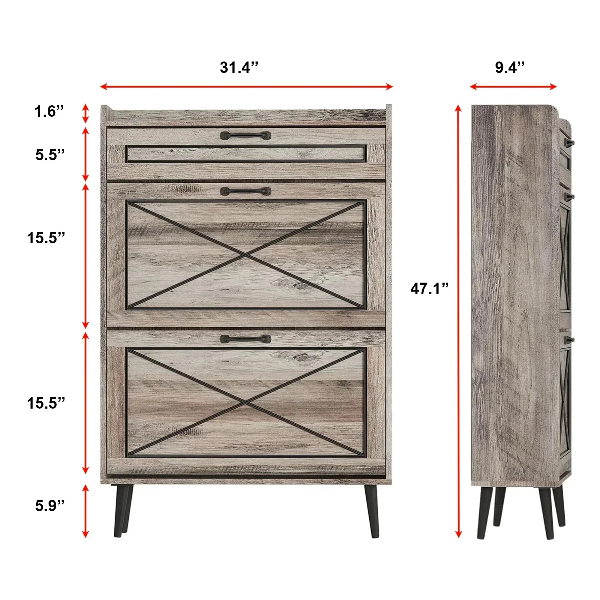 Rustic Slim Shoe Cabinet with Drawer – 3 Flip Tiers, Space-Saving