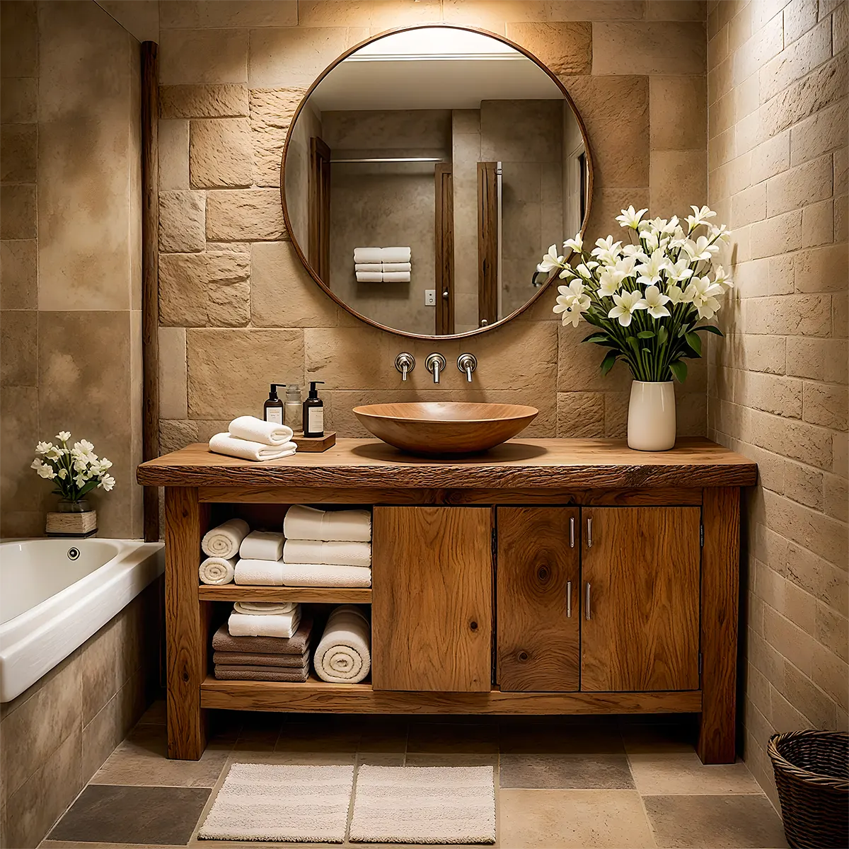 Rustic Solid Oak Bathroom Vanity – Handcrafted Wood Design - Rustira