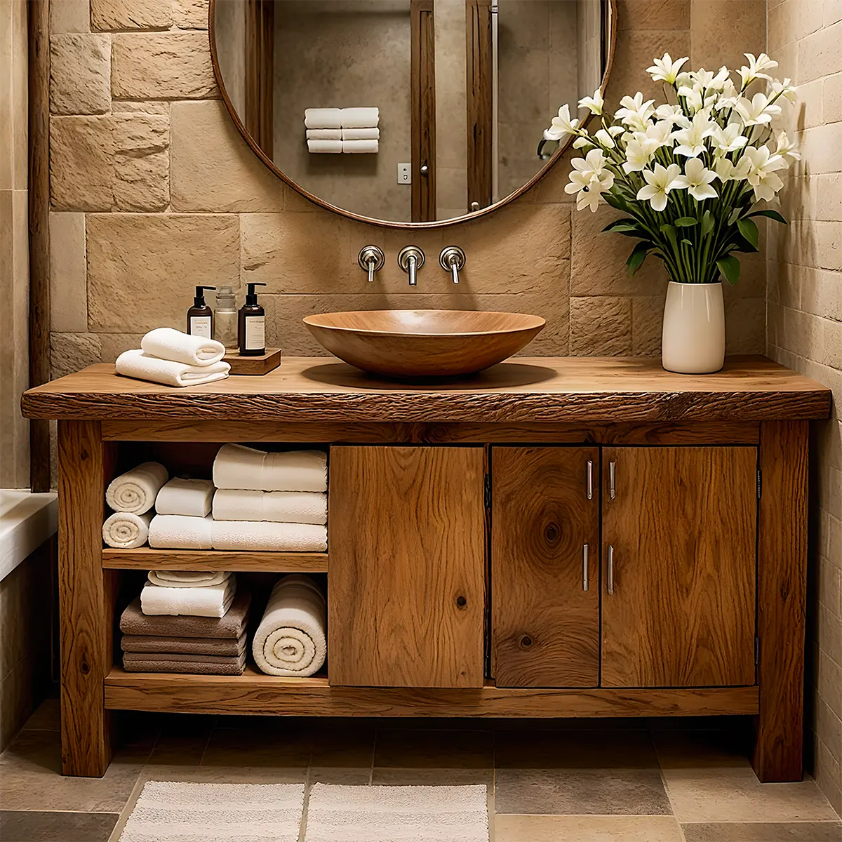 Rustic Solid Oak Bathroom Vanity – Handcrafted Wood Design - Rustira