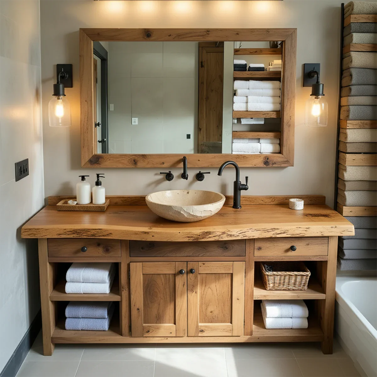 Rustic Solid Wood Bathroom Vanity – Handcrafted Farmhouse Wabi-Sabi Cabinet - Rustira