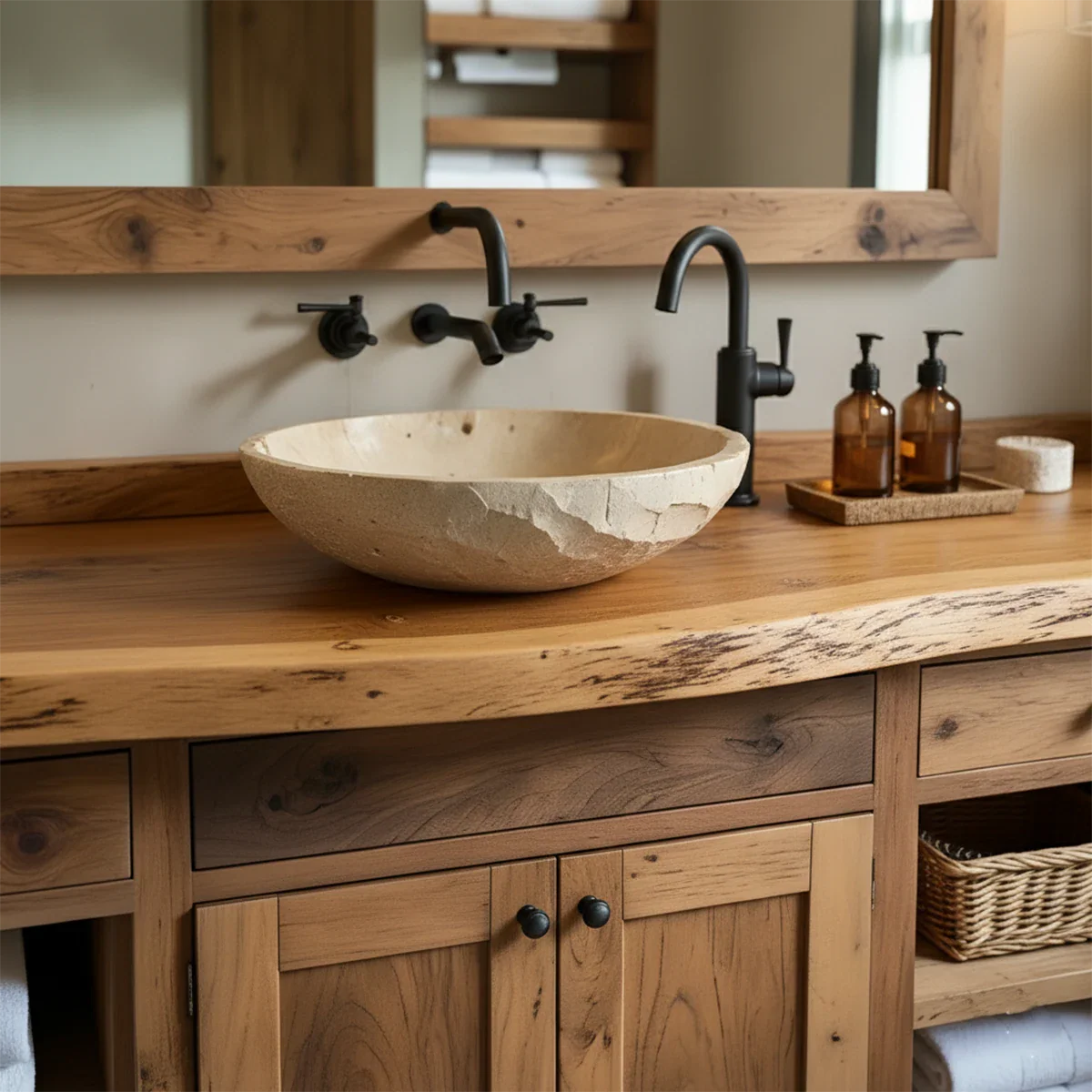 Rustic Solid Wood Bathroom Vanity – Handcrafted Farmhouse Wabi-Sabi Cabinet - Rustira