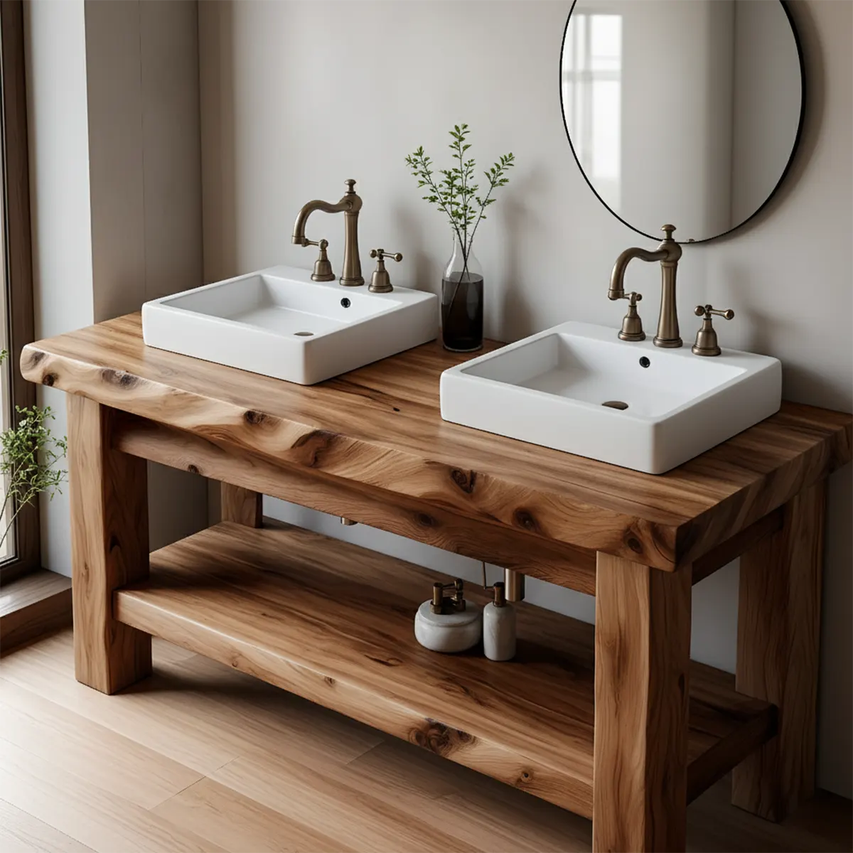 Rustic Solid Wood Double Sink Bathroom Vanity with Open Shelf - Rustira
