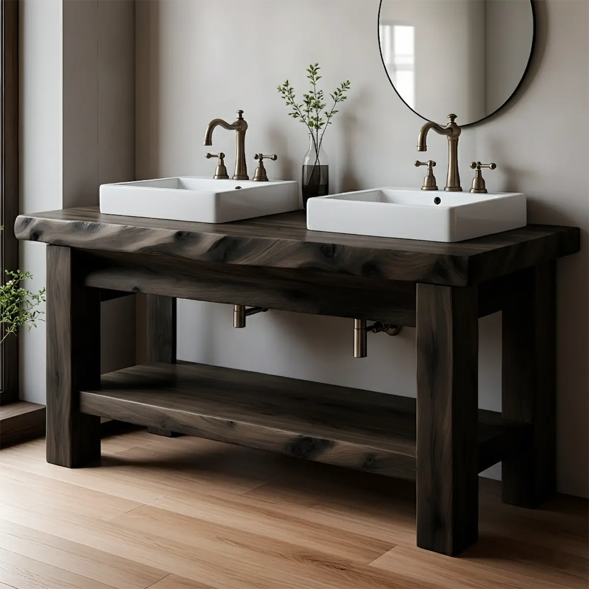Rustic Solid Wood Double Sink Bathroom Vanity with Open Shelf - Rustira
