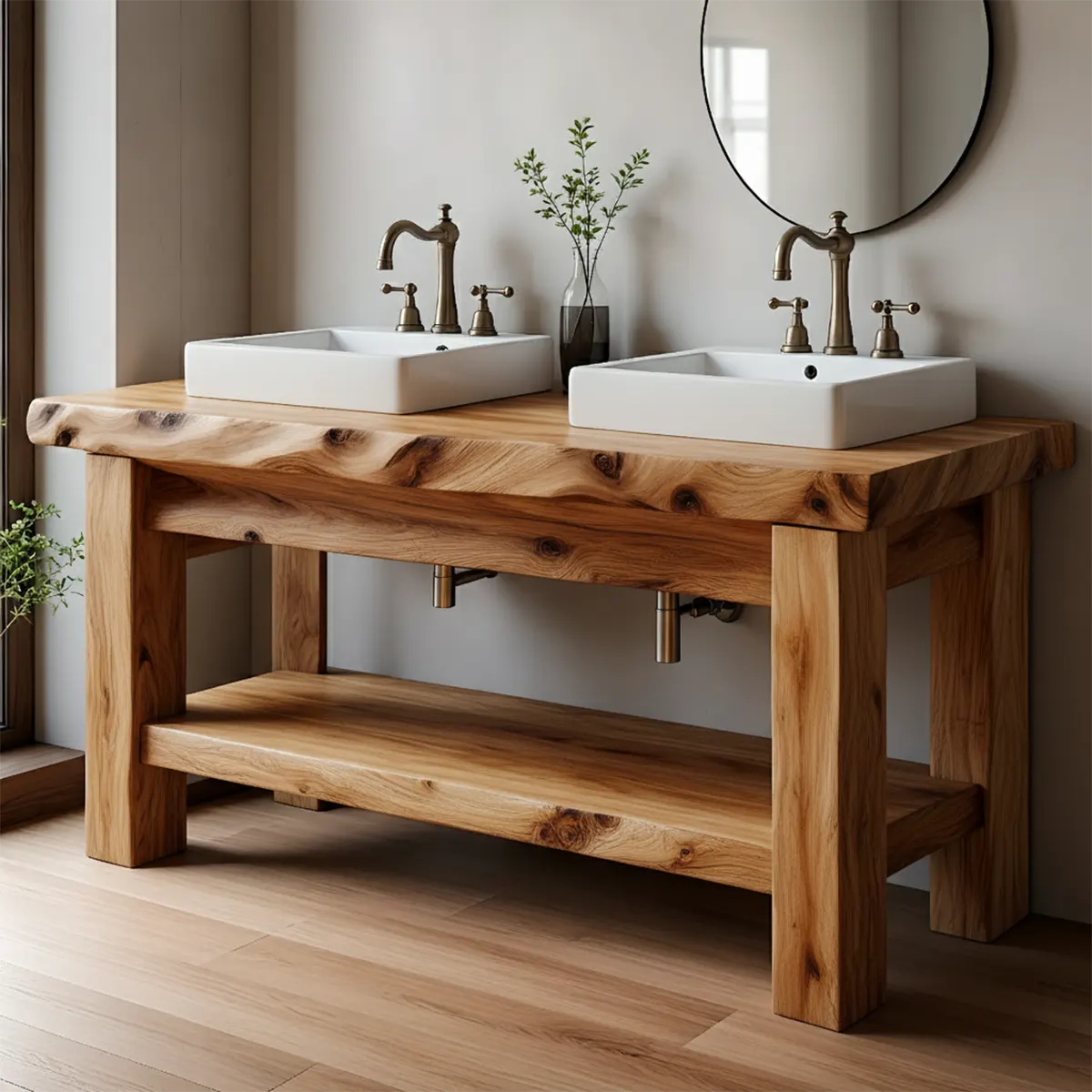 Rustic Solid Wood Double Sink Bathroom Vanity with Open Shelf - Rustira