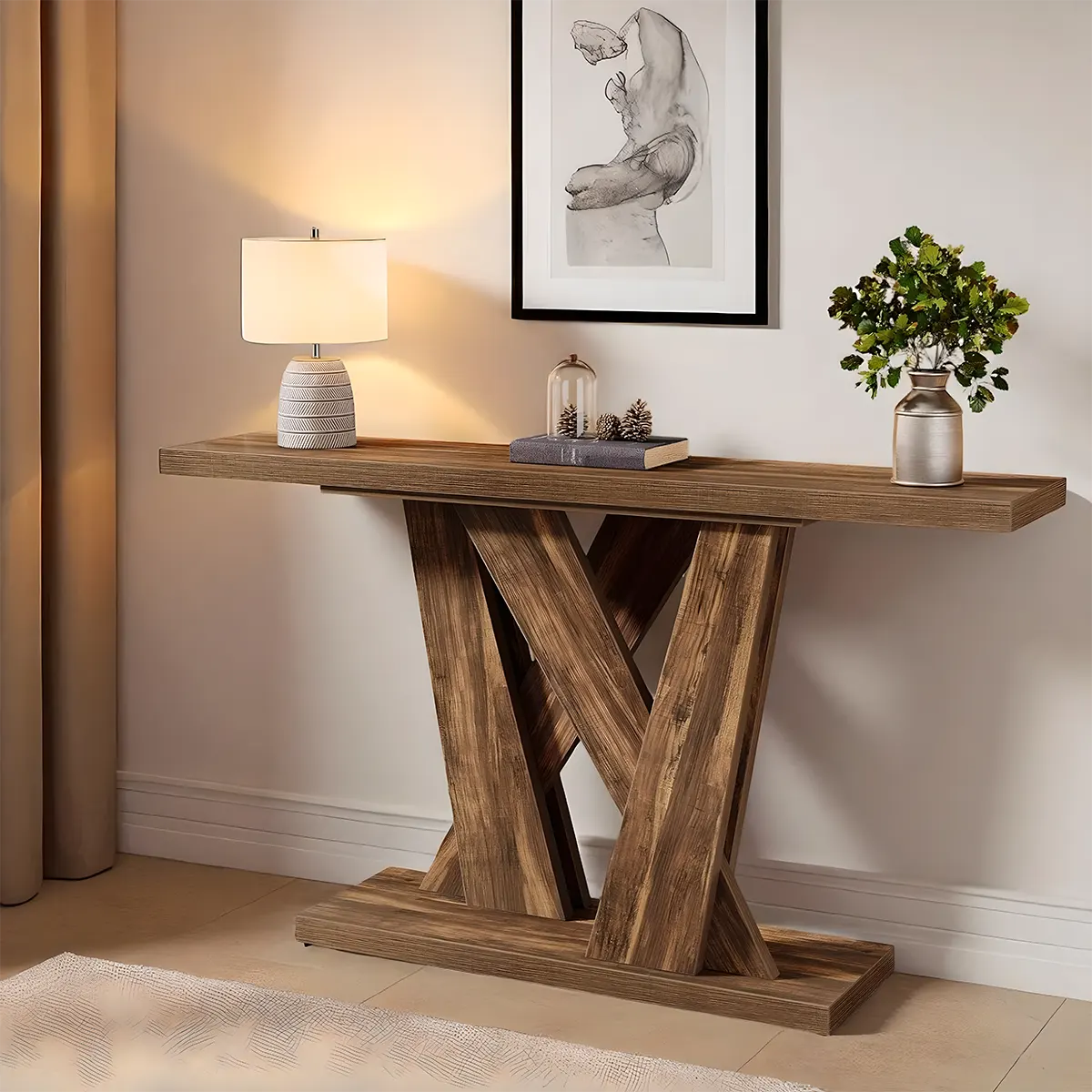 Rustic Style Cross-Legged Console Table – Brown Wood 55″ Refined and Elegant