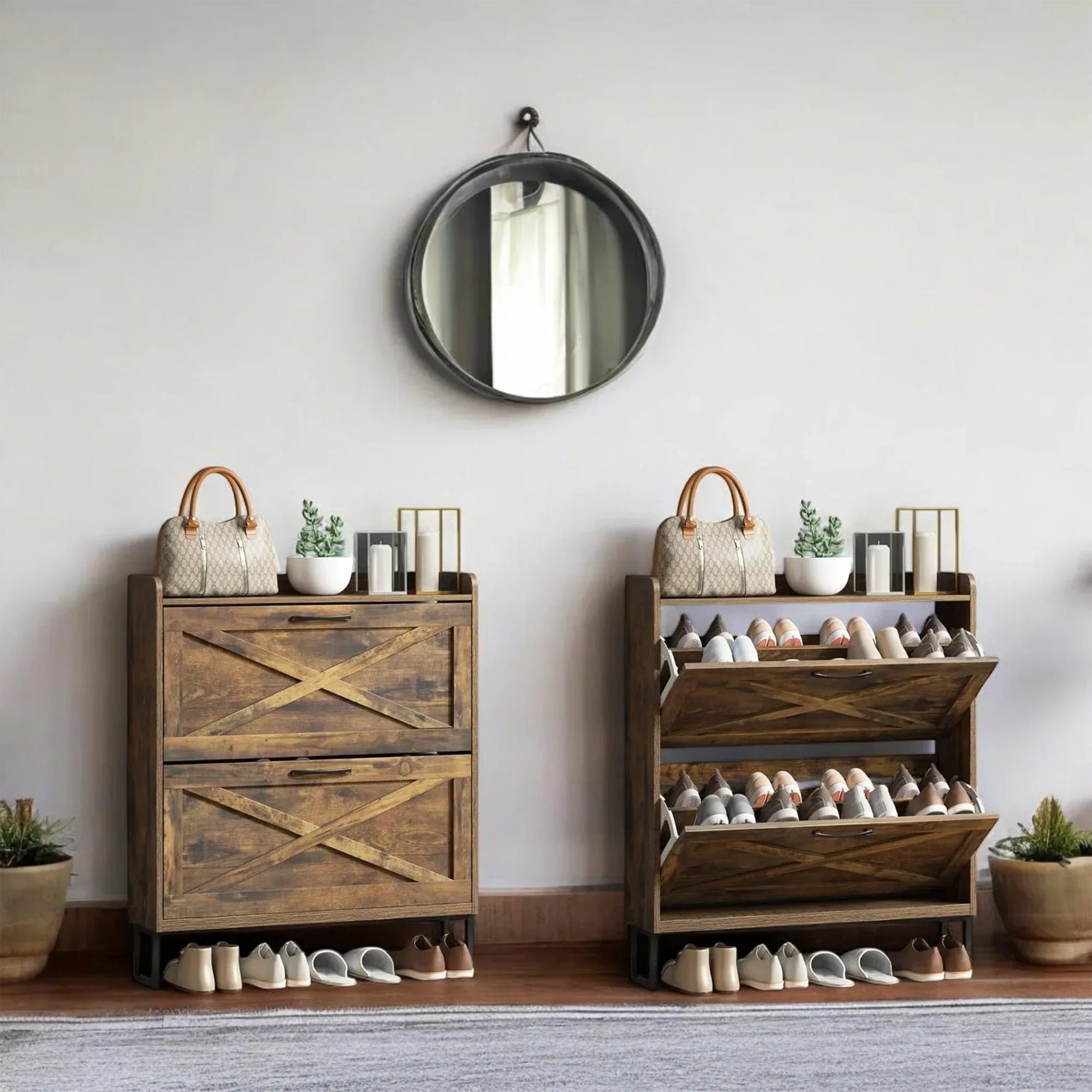 Rustic Wooden Shoe Cabinet with 3 Flip Drawers & Top Shelf