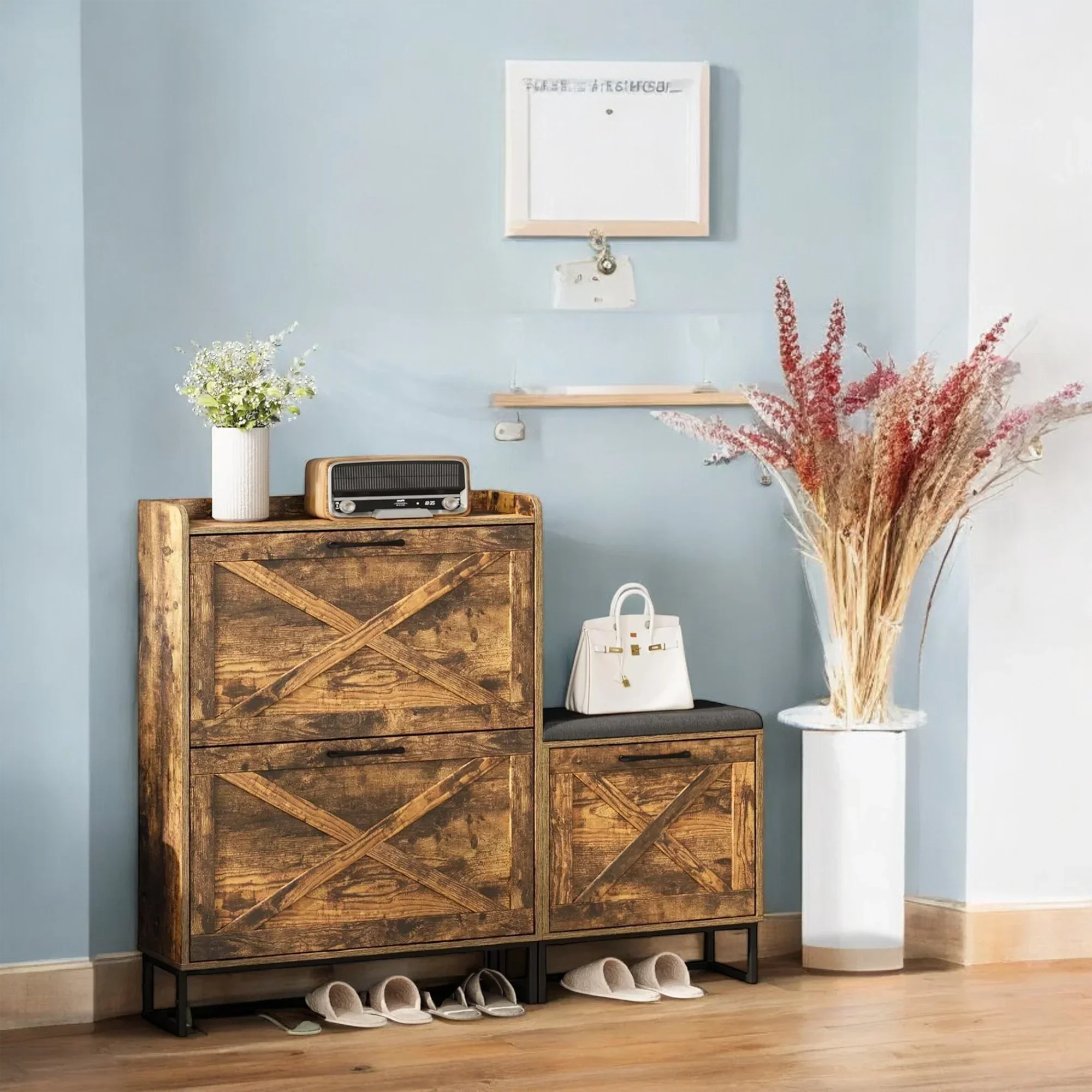 Rustic Wooden Shoe Cabinet with Cushioned Bench & Storage Drawers