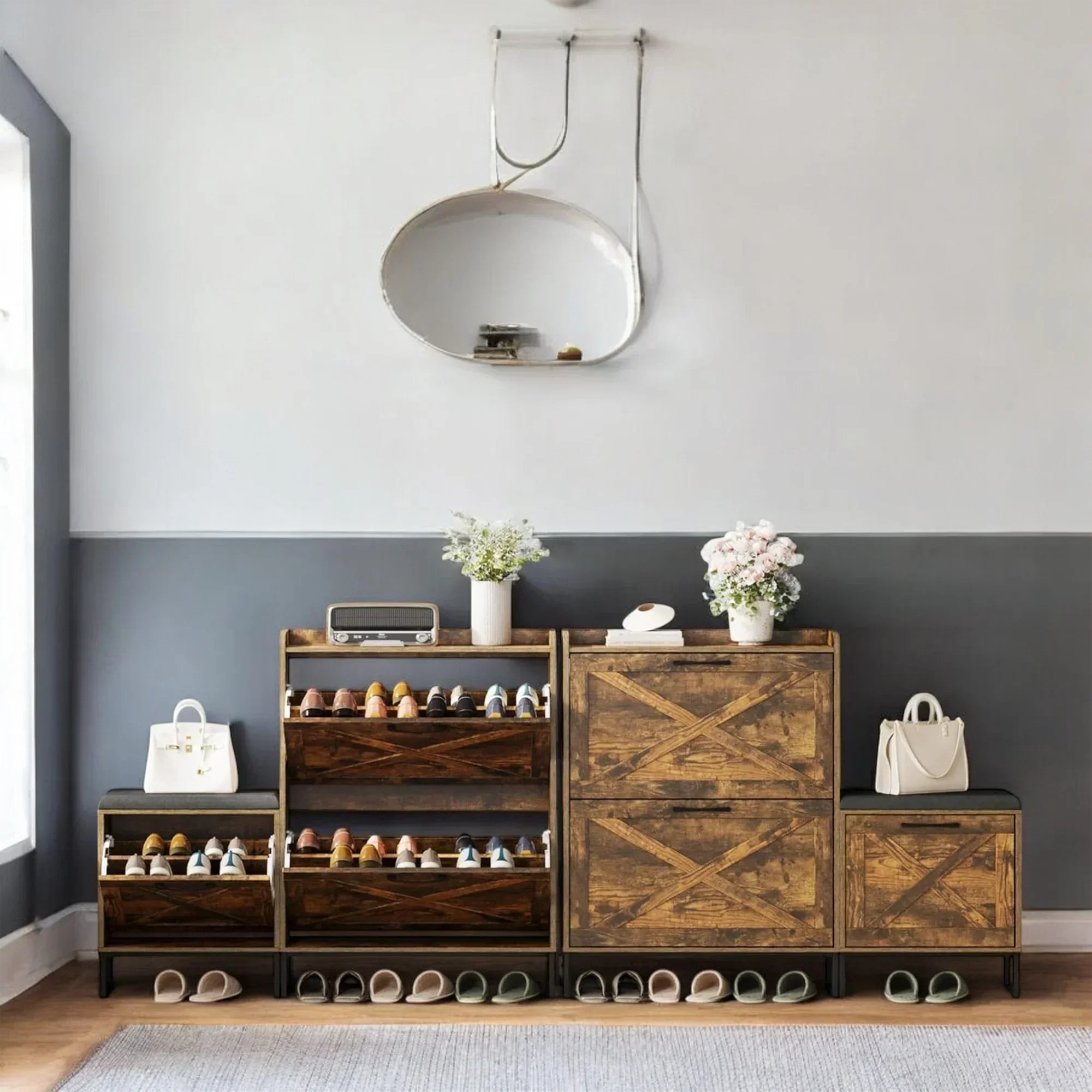 Rustic Wooden Shoe Cabinet with Cushioned Bench & Storage Drawers