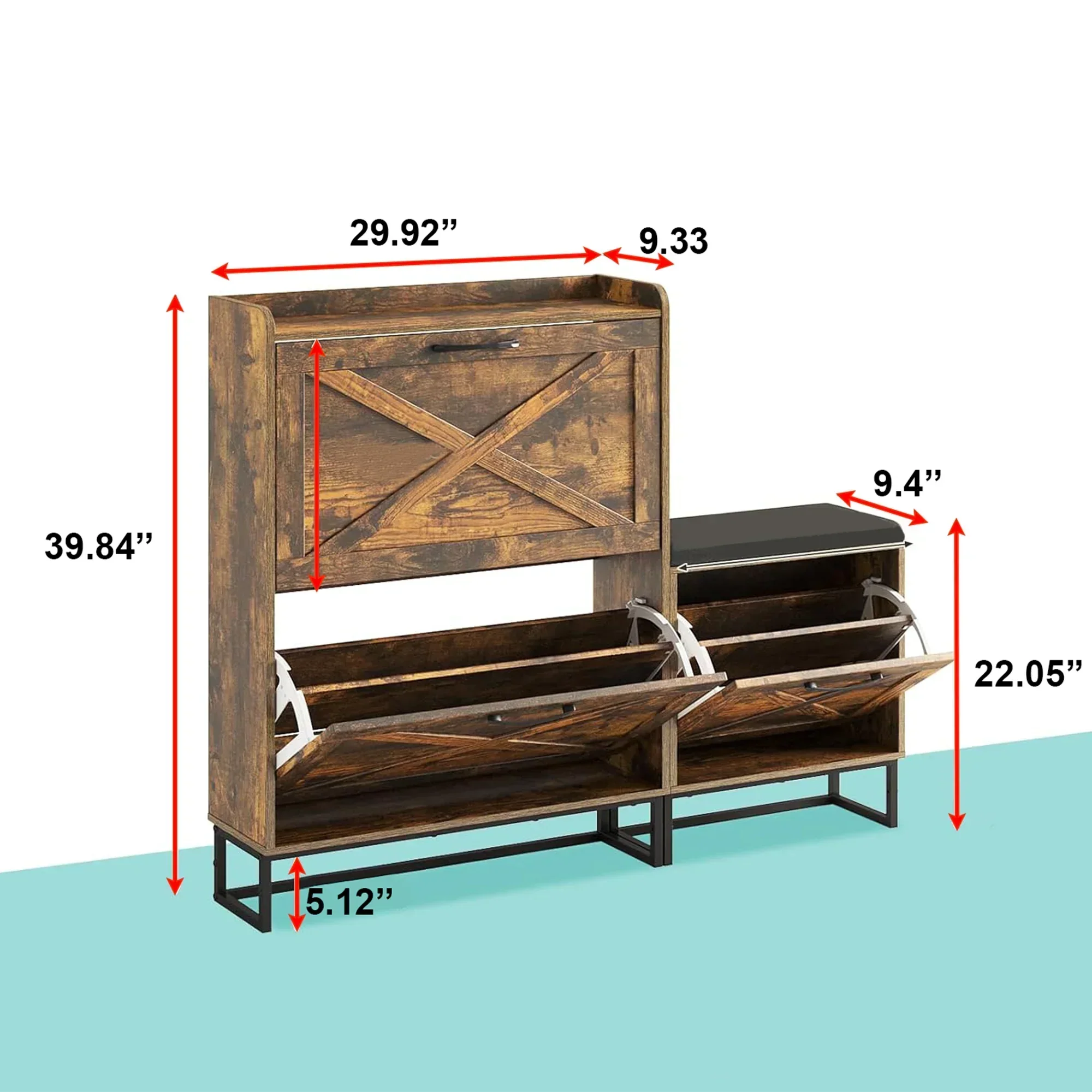 Rustic Wooden Shoe Cabinet with Cushioned Bench & Storage Drawers