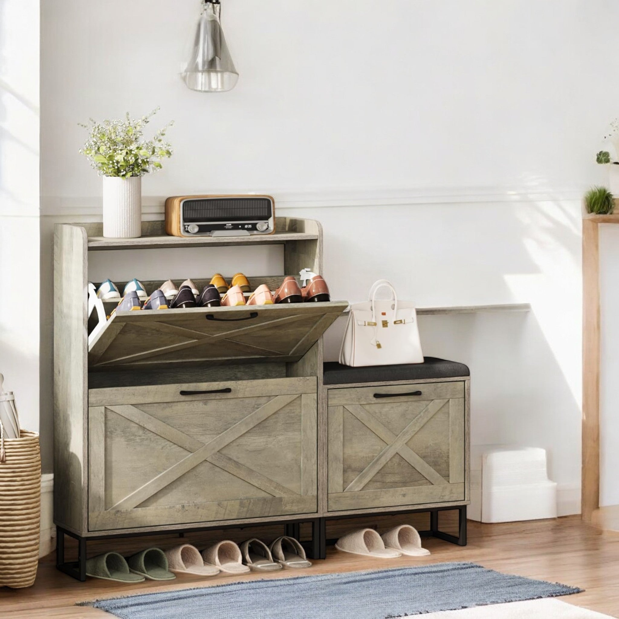 Rustic Wooden Shoe Cabinet with Cushioned Bench & Storage Drawers