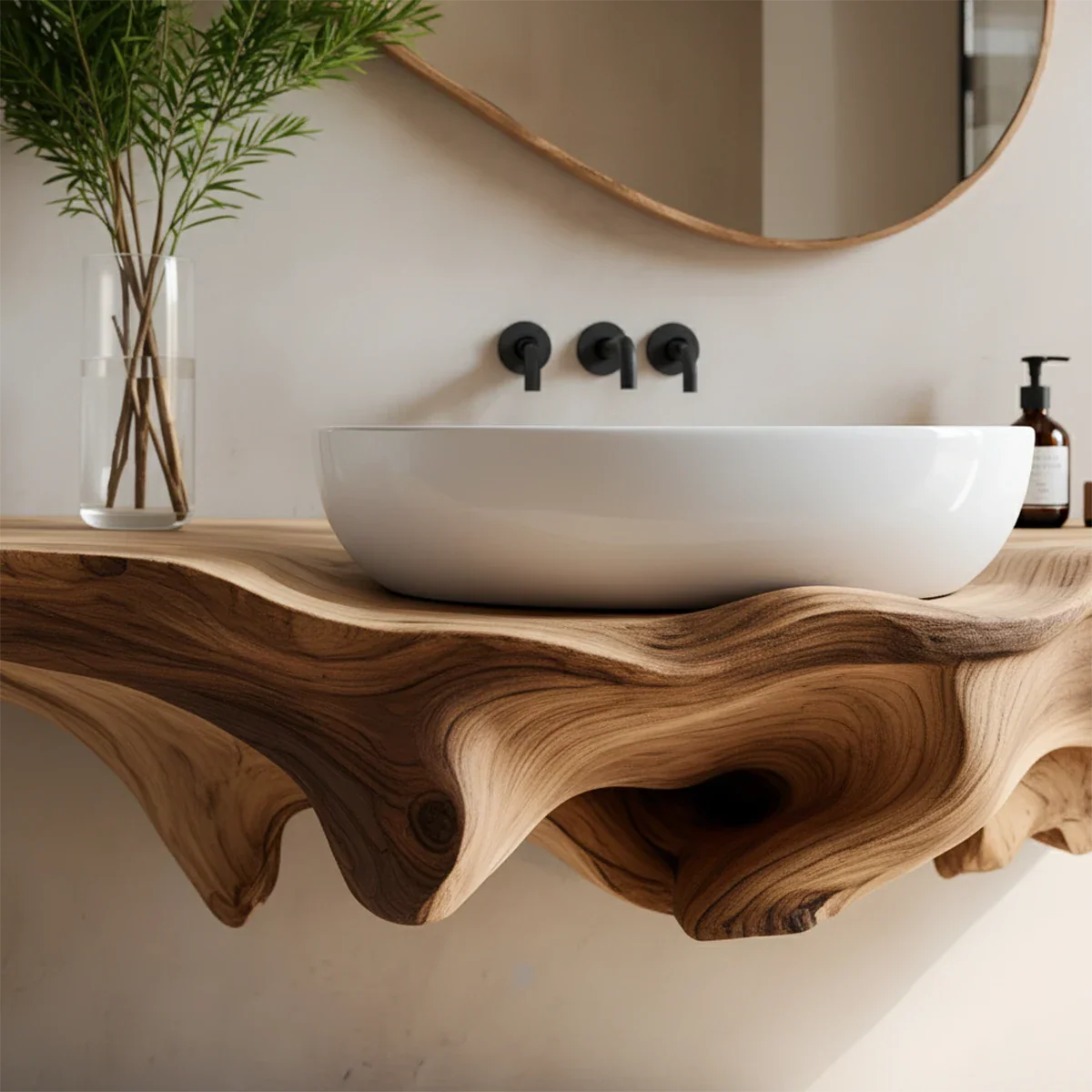 Sculpted Live Edge Floating Wood Bathroom Vanity Shelf - Rustira