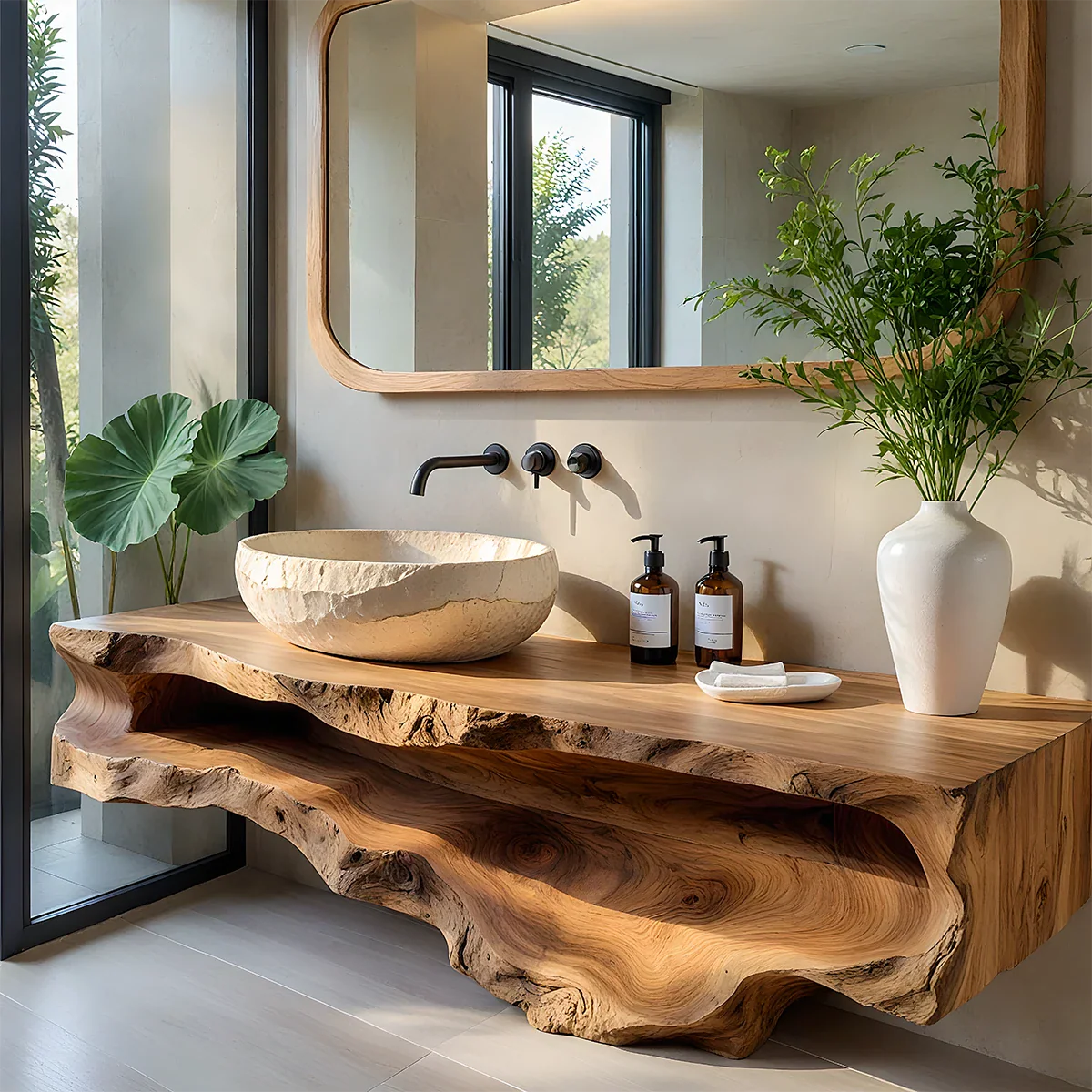 Sculpted Live Edge Solid Wood Vanity with Organic Form - Rustira