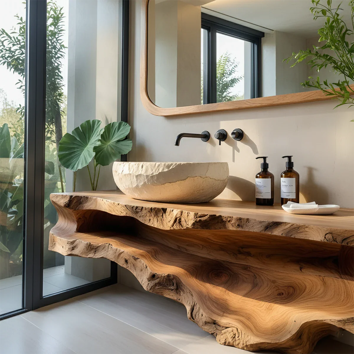 Sculpted Live Edge Solid Wood Vanity with Organic Form - Rustira