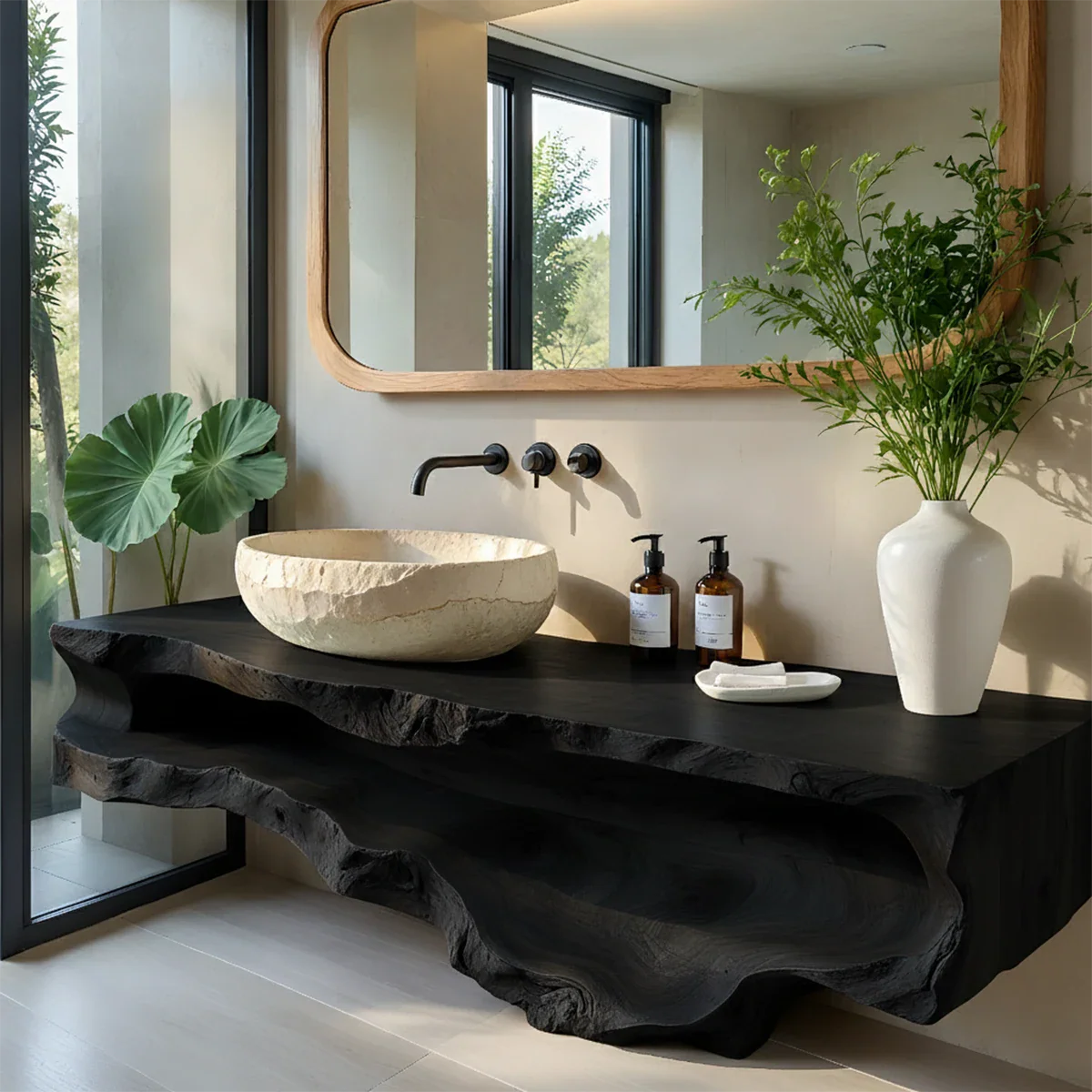 Sculpted Live Edge Solid Wood Vanity with Organic Form - Rustira