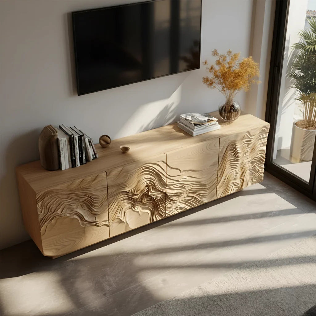 Sculpted Solid Wood TV Stand – Organic Wave Texture Media Console - Rustira