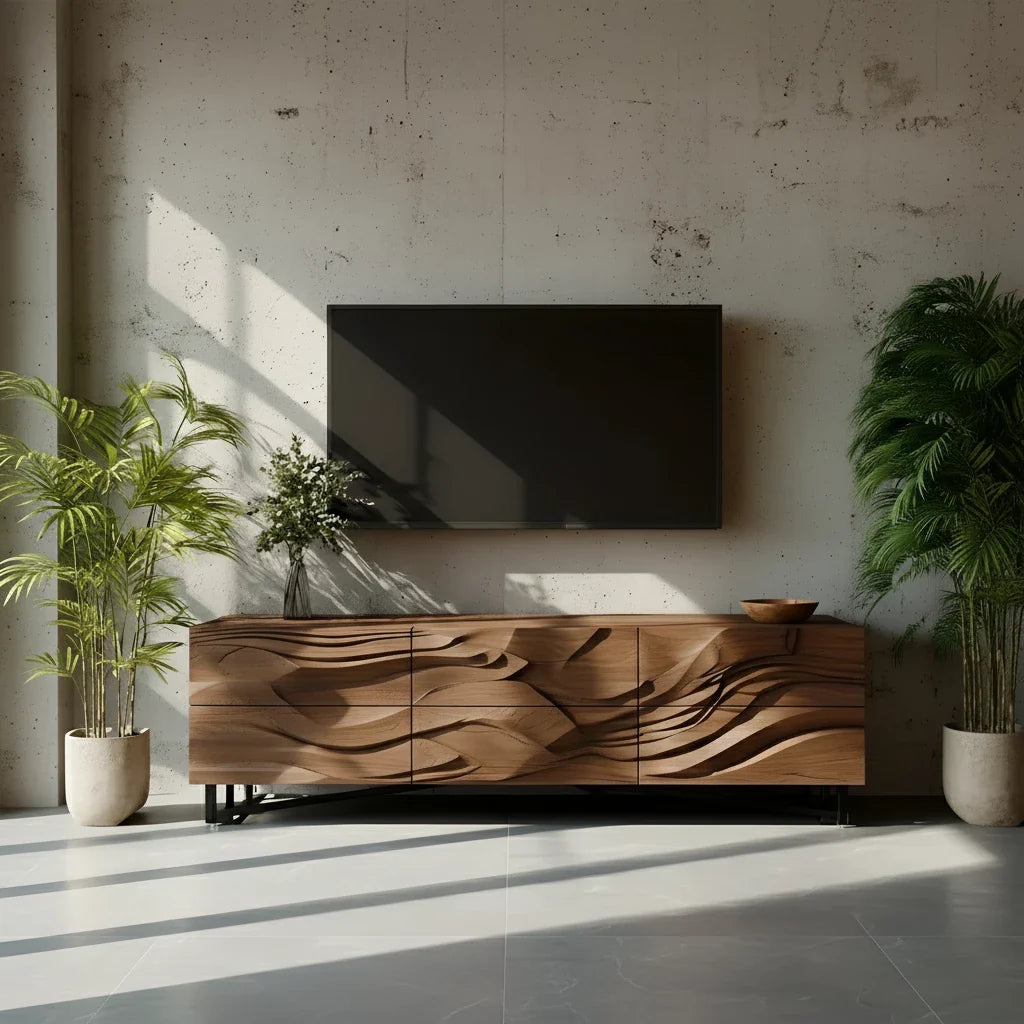 Sculpted Walnut TV Stand – Fluid Organic Modern Media Console - Rustira