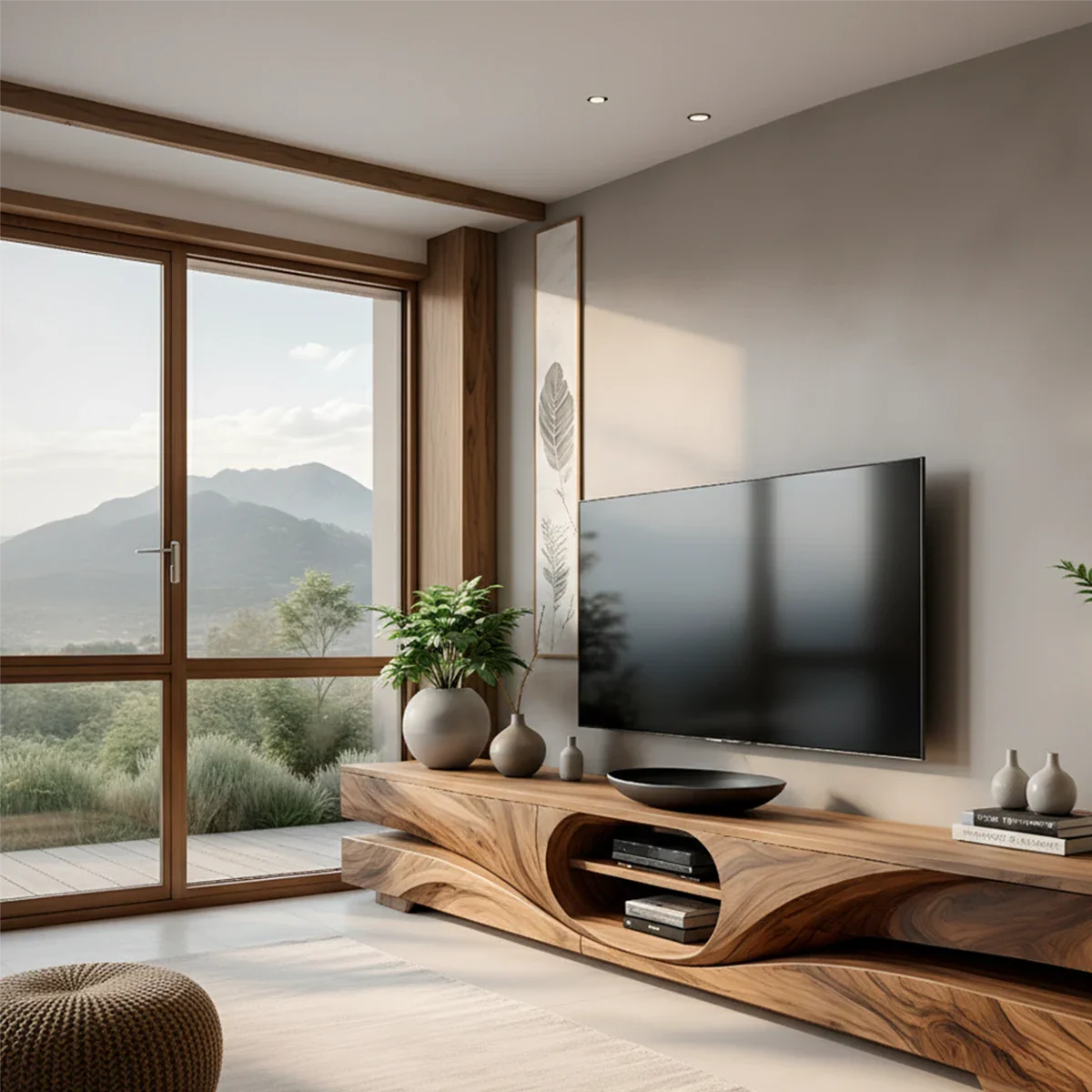 Sculpted Wave Solid Wood TV Stand – Organic Zen Media Console - Rustira