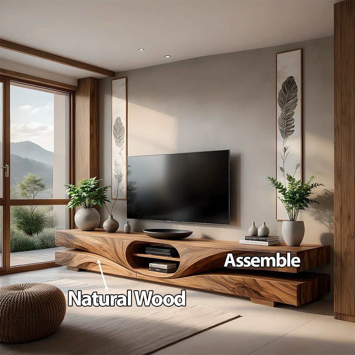 Sculpted Wave Solid Wood TV Stand – Organic Zen Media Console - Rustira