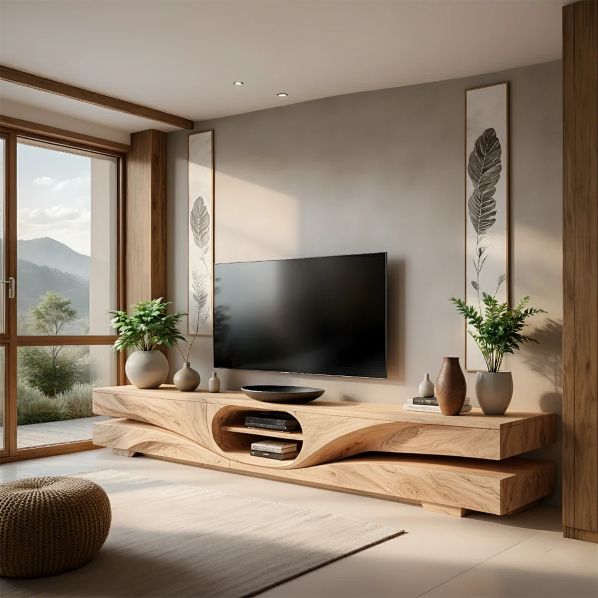 Sculpted Wave Solid Wood TV Stand – Organic Zen Media Console - Rustira