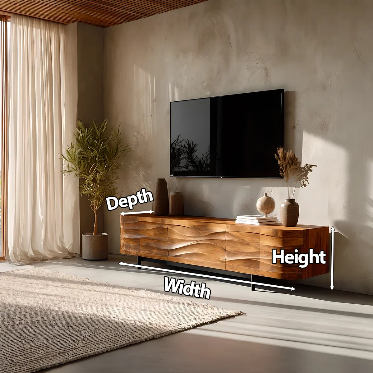 Sculpted Wave Solid Wood TV Stand — Warm Sands Finish - Rustira