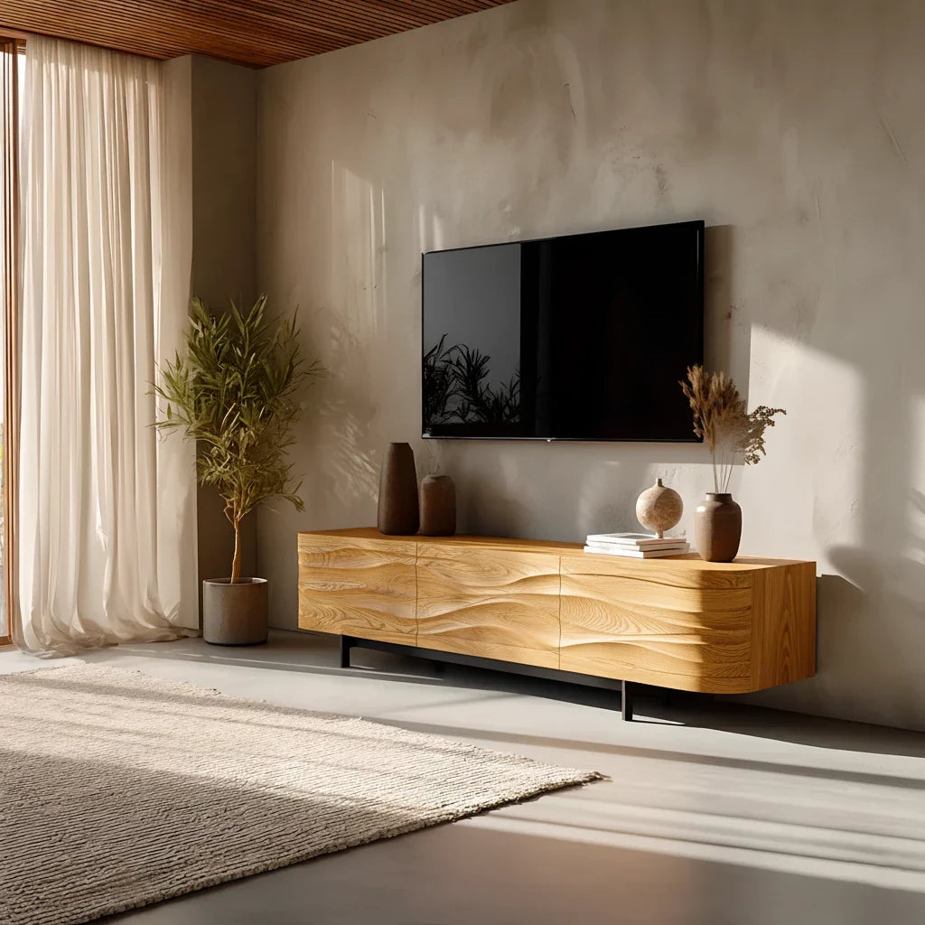 Sculpted Wave Solid Wood TV Stand — Warm Sands Finish - Rustira
