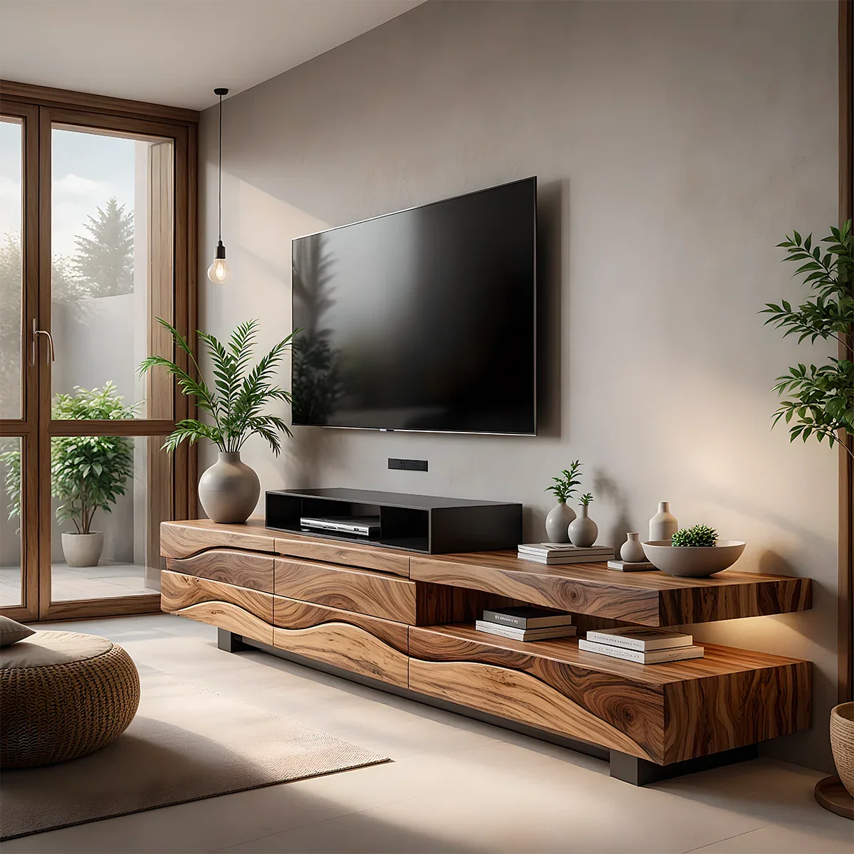 Sculpted Wave Walnut TV Console – Layered Organic Wood Design - Rustira