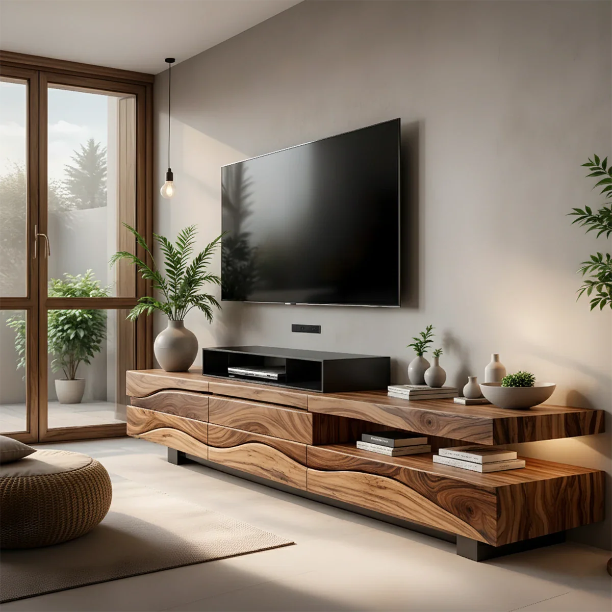 Sculpted Wave Walnut TV Console – Layered Organic Wood Design - Rustira