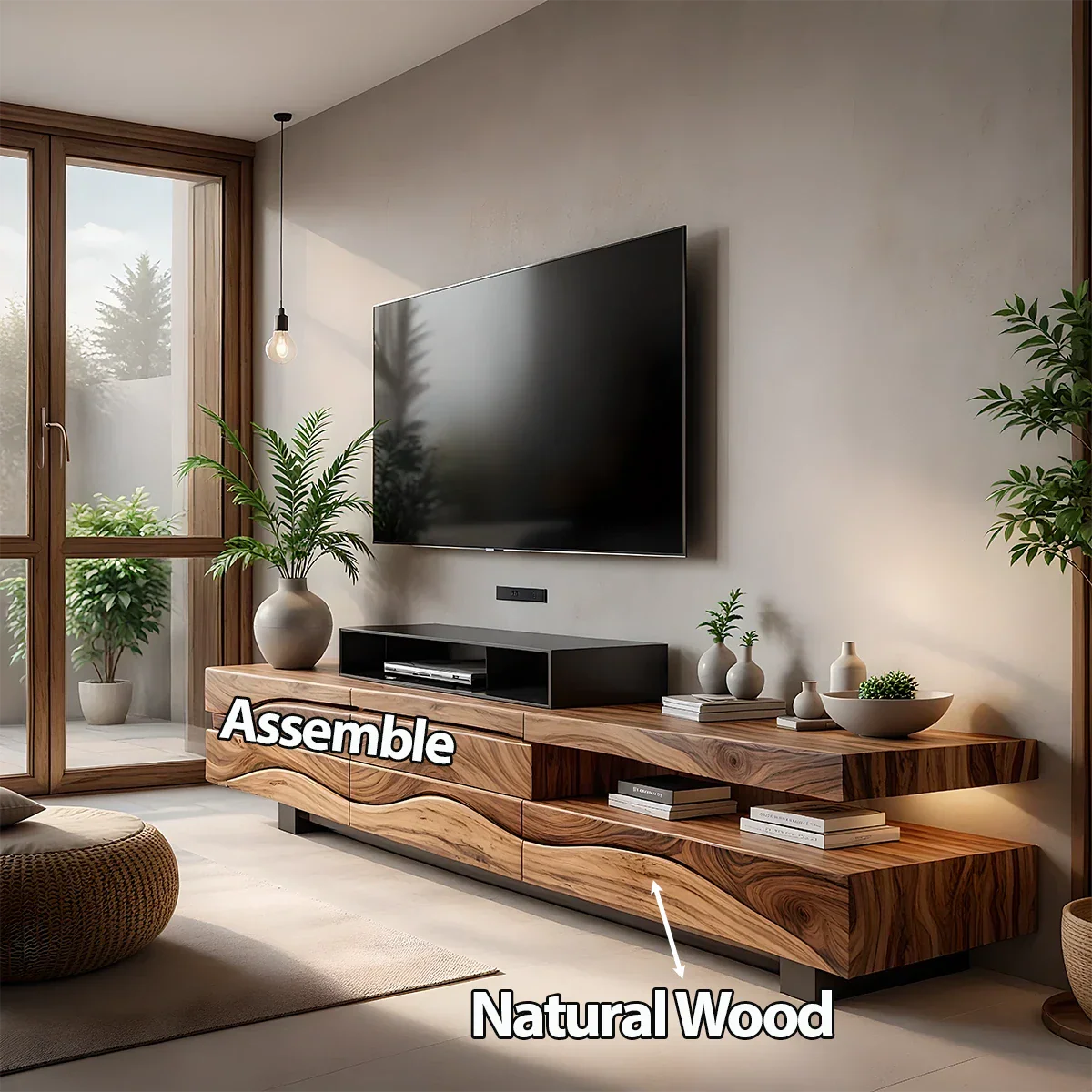 Sculpted Wave Walnut TV Console – Layered Organic Wood Design - Rustira