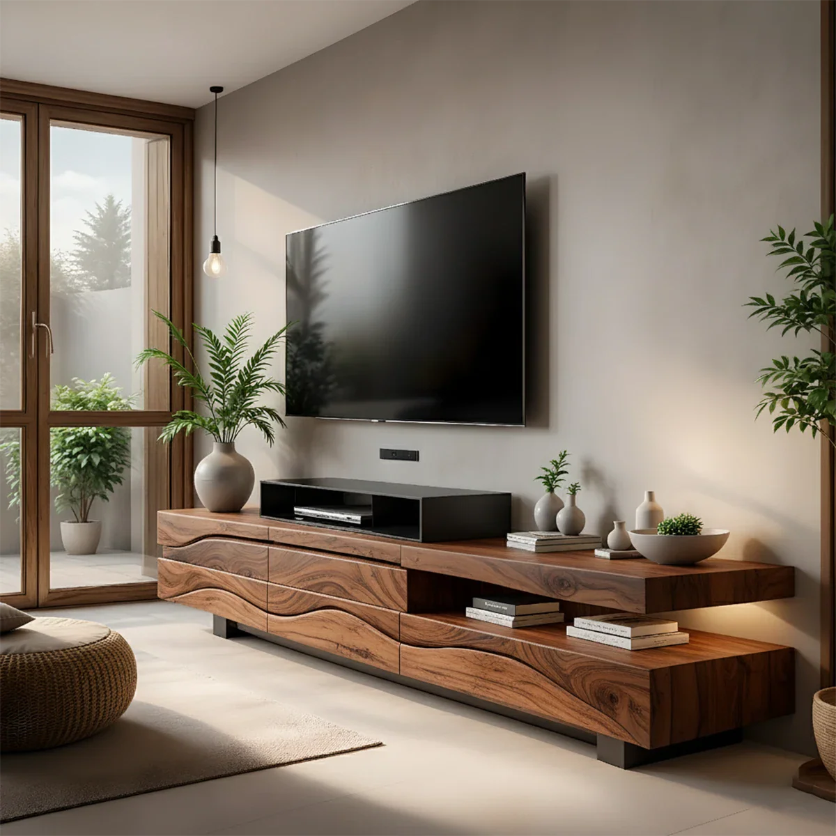 Sculpted Wave Walnut TV Console – Layered Organic Wood Design - Rustira