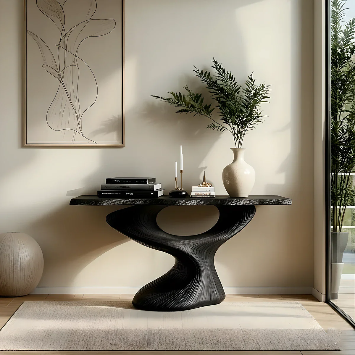 Sculptural Solid Wood Console — Modern Art Entry Table - Rustira