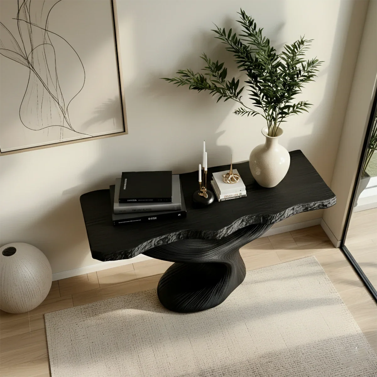 Sculptural Solid Wood Console — Modern Art Entry Table - Rustira