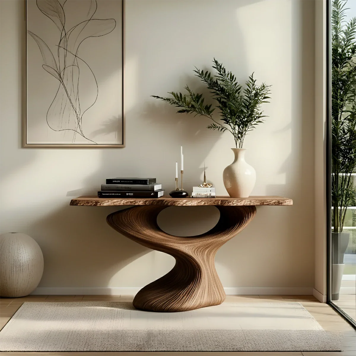 Sculptural Solid Wood Console — Modern Art Entry Table - Rustira