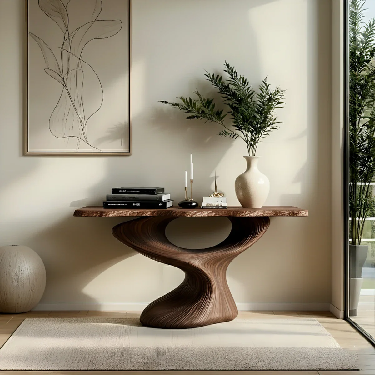 Sculptural Solid Wood Console — Modern Art Entry Table - Rustira